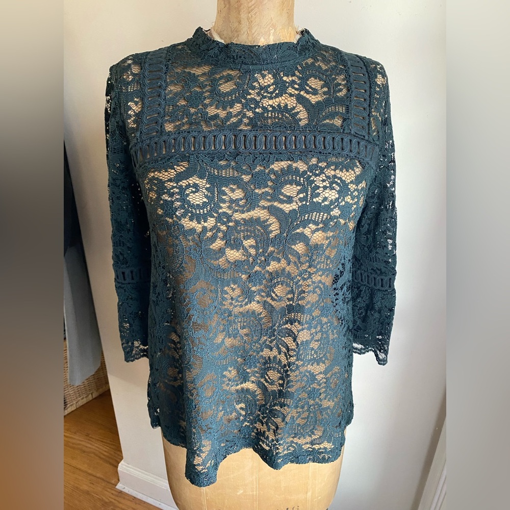 LOFT Teal Lace Long Sleeve Blouse